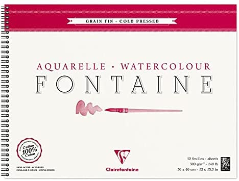 Clairefontaine 96315C Album Spiralé Fontaine - 12 Feuilles Papier Aquarelle Blanc 100% Coton Grain Fin Qualité Professionnelle 30x40 cm 300g