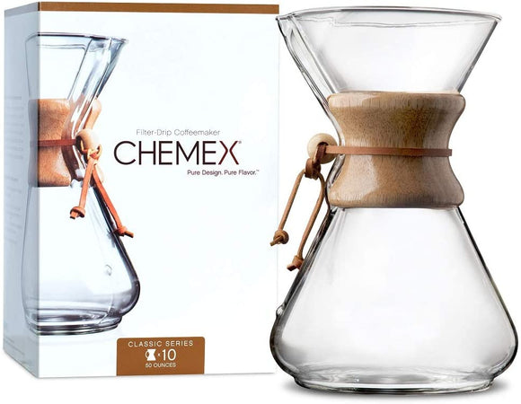 Chemex Cafetière Verre 10 tasses - Poignée Bois - 1,25 L 10-Cup Classique