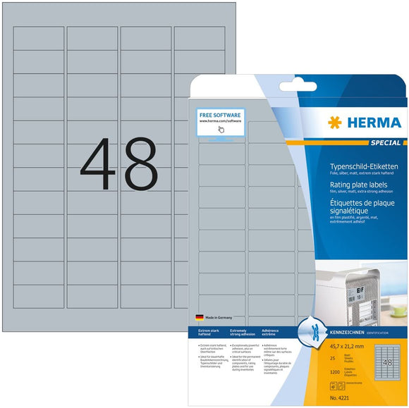Herma 4221 Étiquettes signalétiques plaques 45,7 x 21,2 A4 LC Argenté