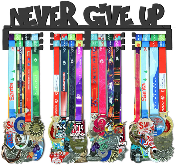 WEBIN Never Give Up Cintre de Médaille,Détenteur de Médailles,Détenteur de Médailles,Crochet en métal Noir 60.0 Centimètres